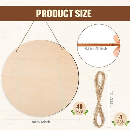 Suzile 40 Pcs 12 Inch Wood Rounds for Crafts Unfinished Blank Wooden Circle Signs Discs for DIY Christmas Home Decor Painting Door Hanger