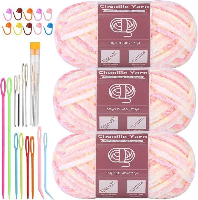 LUNARM Chenille Yarn for Crocheting Knitting, 3 Skein 10.58 oz / 263 Yard Thick Soft Chunky Fluffy Weaving Plush Yarn for Blankets Clothes Pattern with Big Eye Needles(Peach Pink Gradient)
