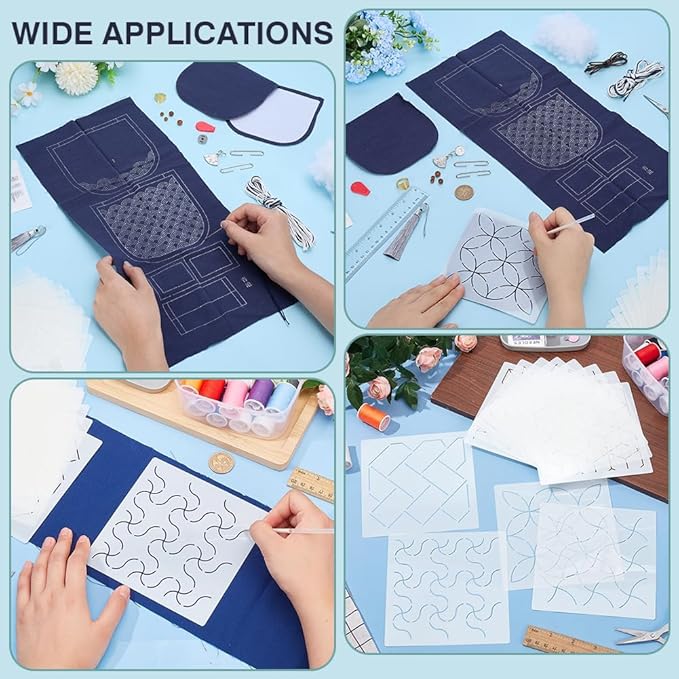 FREEBLOSS Sashiko Coin Purse DIY Kit with 12pcs PET Stencils Complete Sashiko Kit for Beginners Japanese Traditional Embroidery Bag for Girls Mums Gift