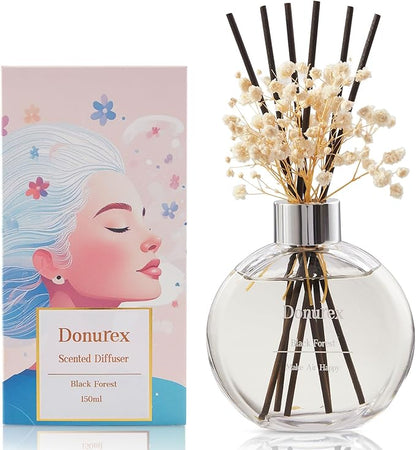 Donurex Flower Reed Diffuser Set 5.07oz Black Forest Scent Diffuser with Sticks Home Fragrance Reed Diffuser for Bathroom Shelf Decor