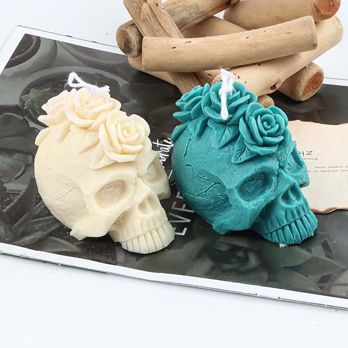 Grainrain 3D Skull Rose Flower Design Silicone Candle Mold Decorated Pillar Candle Mould Handcrafted Silicone Molds for Candle Wax Resin Gyspum Crafts Making (G40)