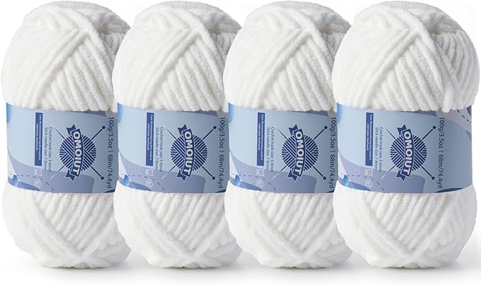 Chunky Chenille Yarn for Crocheting，Baby Yarn for Crocheting Soft Blankets，Bulky Yarns for Crochet Amigurumi，4×100g (4×74.3yds) Fluffy Velvet Yarns for Hand Knitting (4 White)