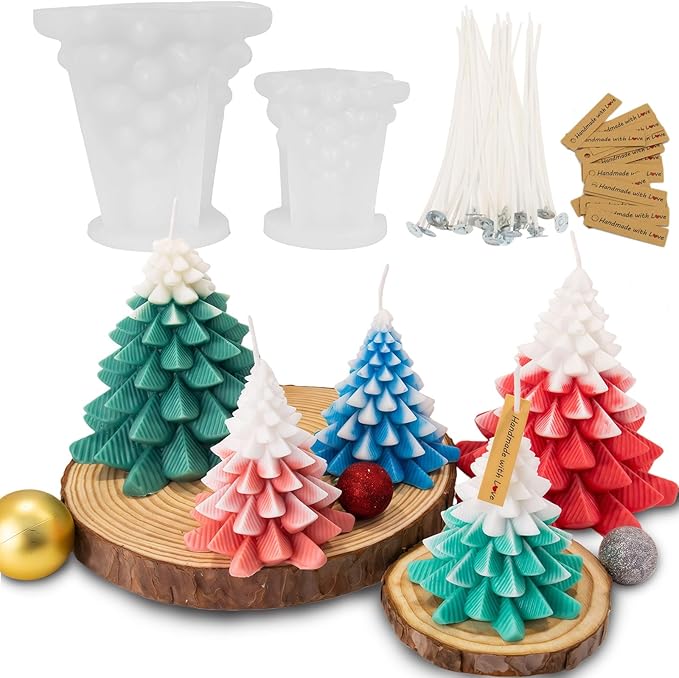 2Pcs Christmas Tree Candle Molds, 3D Silicone Mold for Candle Epoxy Resin Soap Cake Chocolate Making with 20 Wicks & Lables for DIY Xmas Gift Art Craft Home Decoration