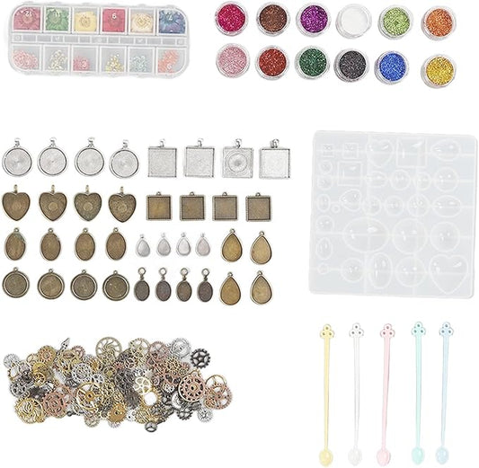resins Jewelry Making Kit, DIY Pendant Silicone Kit with Dried Flowers and Gears, Reusable and to Demould, resins Mould Starter Kit for Beginners, Includes Various Sizes and Shap