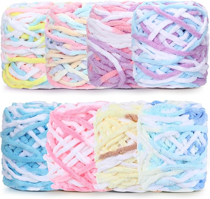 Buryeah 8 Pack Chunky Chenille Yarn for Crocheting Soft Thick Fluffy Yarn for Hand Knitting Bulky Velvet Blanket Plush for Weaving DIY Crafts Each 3.5 oz 55 Yards (Macaron Colors)
