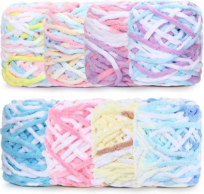 Buryeah 8 Pack Chunky Chenille Yarn for Crocheting Soft Thick Fluffy Yarn for Hand Knitting Bulky Velvet Blanket Plush for Weaving DIY Crafts Each 3.5 oz 55 Yards (Macaron Colors)