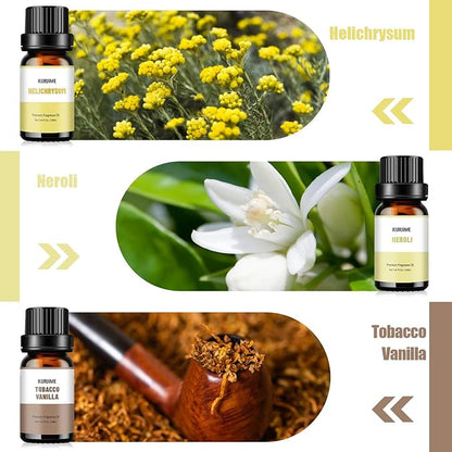 KURJIME Essential Oil Set, Earthy Scents Fragrance Oil Essential Oils for Diffuser Oil Scents | Peppermint, Frankincense, Vanilla, Helichrysum, Neroli, Tobacco Vanilla Scented Oils, 6x10ml