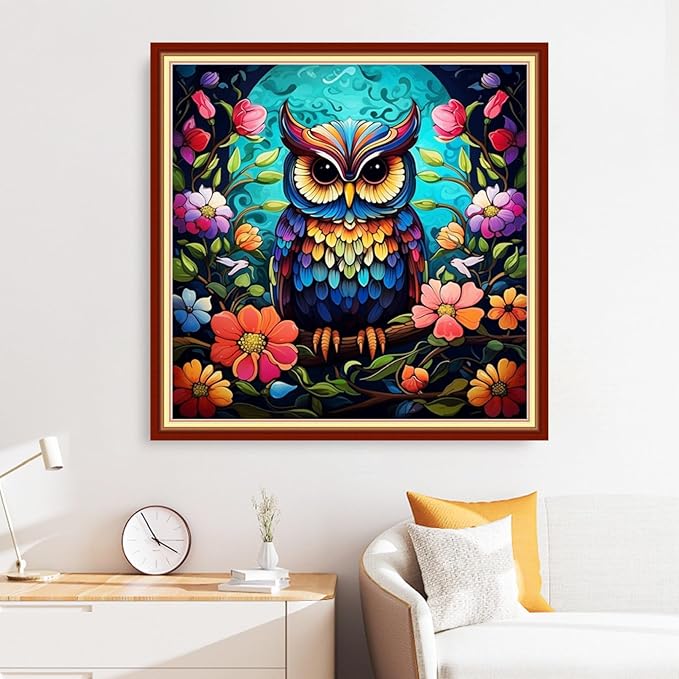 Disxvivy Cross Stitch Stamped Full Embroidery Kits DIY 11CT Cotton Thread Printed DIY Needlepoint Kits Craft Needlework Set Cross-Stitch Stamped Sets-Colorful Owl 18x18 inch