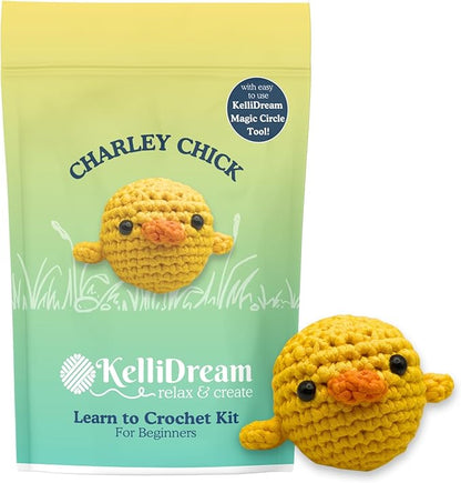 KelliDream Magic Circle Tool Inclusive Learn to Crochet Kit for Beginners; Step-by-Step Video Tutorials; All Supplies to Make Cute Amigurumi (Chick)