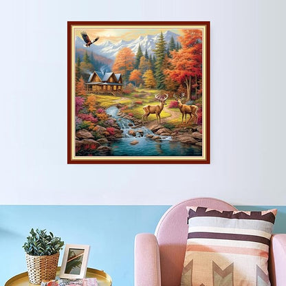 Redxing Stamped Cross Stitch Kits Embroidery kit for Beginners Adults Full Range of Embroidery Patterns Starter Kits DIY Printed Cross Stitch Kits Needlepoint Kits 11CT-Autumn Cabin elk 18x18 inch