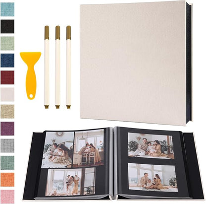 Photo Album Self Adhesive Pages Black Sticky Pages Large Scrapbook Linen Cover for 4x6 5x7 8x10 Pictures Album de Fotos Wedding Couples Baby Family Memory Book, 13.2x12.8 White 120 Pages
