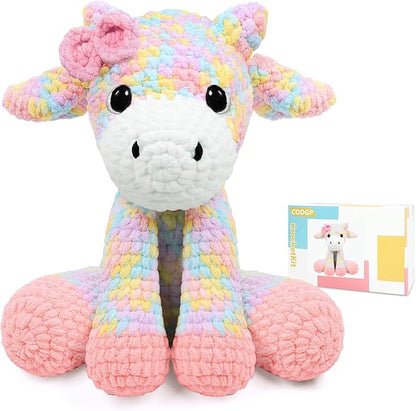 CODGP Crochet Kit for Beginners,11.8in Crochet Animal Kit Rainbow Cow, Beginner Crochet Kits Gift for Adults with Yarn Sets,Amigurumi Crochet Kit with Step-by-Step Video Tutorials