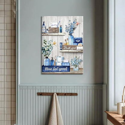 WANGTIAO Navy Blue Shelf Pattern Bathroom Canvas Wall Art Rustic Grey Wood Grain Wall Paintings Please Seat Yourself Sign Prints Pictures Vintage Aesthetic Bathroom Poster Artwork Home Decor 16"x24"
