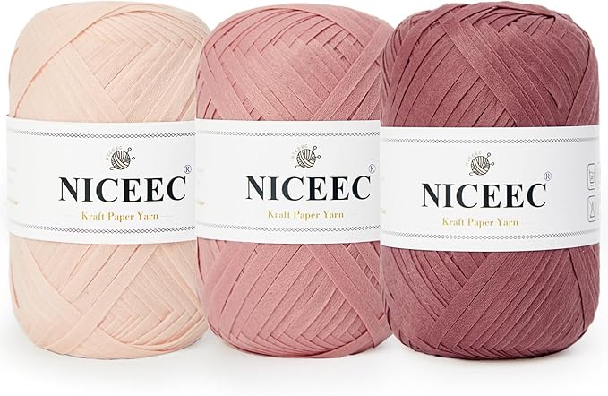 NICEEC 3 Packs Kraft Paper Yarn- Soft Raffia Ribbon Yarn for Crocheting & Knitting, Polyester, DIY Weaving - Total 474yds, 5.3oz - Pink Series