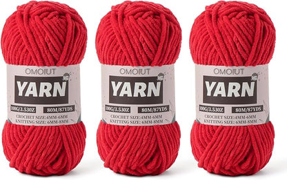 Fluffy Chenille Yarn for Crocheting - Baby Yarn for Crocheting Soft Blanket - 3 Pack of 100g/(87.4yds) Crochet Amigurumi Chunky Yarns - Super Bulky 5 Velvet Yarns (3 red)