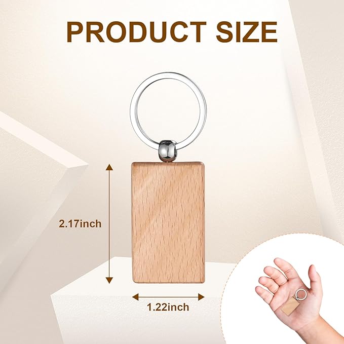 100 Pcs Wood Key Chain Bulk, Wooden Blanks for Key Chains, Rectangle Wood Unfinished Blanks Wooden Key Tag for DIY Gift Craft Supplies