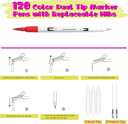Halobios 120 Color Dual Tips Brush Pens, Fine and Brush Tip Markers with Swatch Card for Adult Coloring, Art Markers Set for Journaling Calligraphy Drawing Sketching Doodling Illustrating