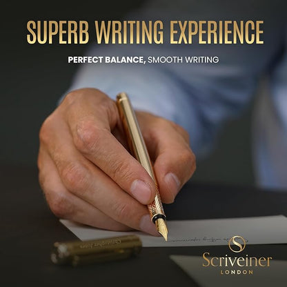Scriveiner Personalized Gold Fountain Pen - Stunning Luxury Pen, Real Gold Plating, Schmidt Ink Refill, Best Engraved Fountain Pen Gift Set for Men & Women, Custom Name Engraving