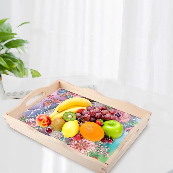 JZHYOAN Diamond DIY Painting Trays, Art Fruit Platters Cheese Platter Board Diamond Painting Table Home Decoration, Special Creative Design, Large Serving Platte for Adults-Flower