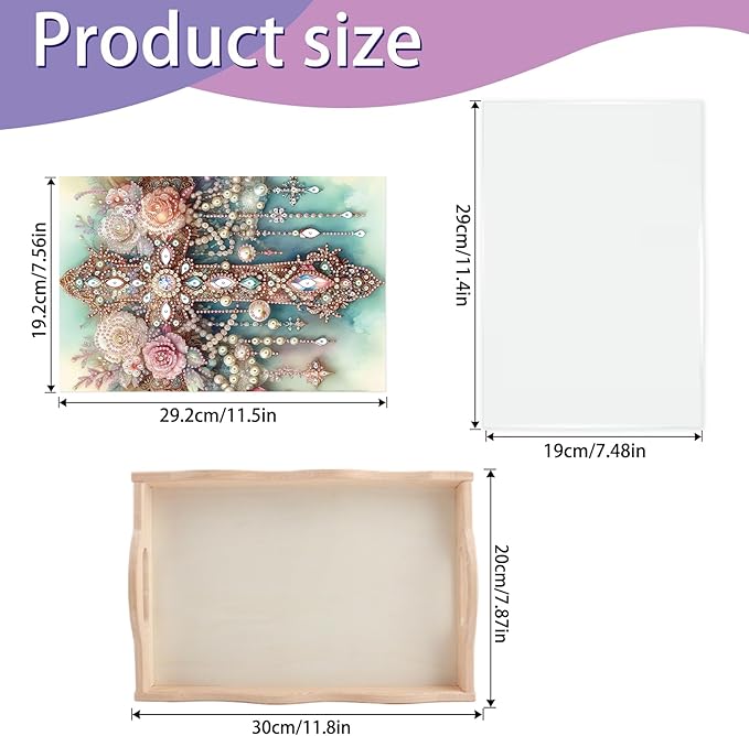 JISHSHAY Diamond Art Serving Tray Diamond Painting Food Tray Gem Art Serving Platter Gem Painting Mosaic Kits for Adults DIY Kits for Adults, with Wood Handle 20×30cm/7.87×11.81in, Flower Cross