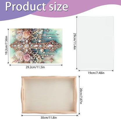 JISHSHAY Diamond Art Serving Tray Diamond Painting Food Tray Gem Art Serving Platter Gem Painting Mosaic Kits for Adults DIY Kits for Adults, with Wood Handle 20×30cm/7.87×11.81in, Flower Cross