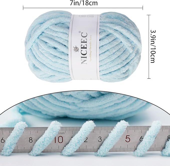 NICEEC 3 Skeins Sparkling Chenille Yarn Soft Blanket Yarn for Crochet & Knitting, Total 165yds/10.6oz - Light Blue