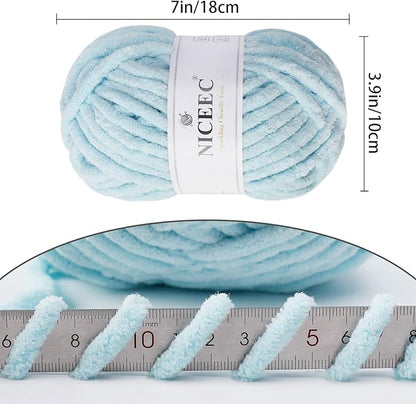 NICEEC 3 Skeins Sparkling Chenille Yarn Soft Blanket Yarn for Crochet & Knitting, Total 165yds/10.6oz - Light Blue