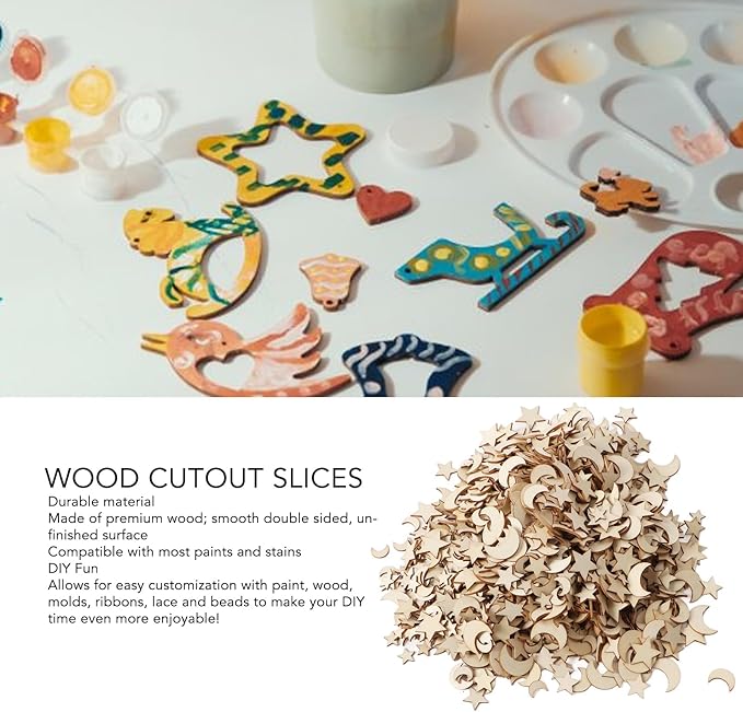 1000Pcs Wood Moon Star Cutout Slices Unfinished Star and Moon Shape Wood Cutouts for DIY Craft