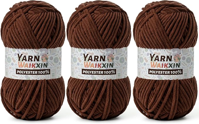 3 Pack Soft Chenille Yarn for Crocheting, Fluffy Chunky Crochet Yarn for Baby Blanket, (5.29oz/196.8yds) Fuzzy Velvet Yarn for Amigurumi&DIY Puzzle、Crafts、Scarf(3 Coffee)