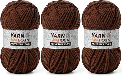 3 Pack Soft Chenille Yarn for Crocheting, Fluffy Chunky Crochet Yarn for Baby Blanket, (5.29oz/196.8yds) Fuzzy Velvet Yarn for Amigurumi&DIY Puzzle、Crafts、Scarf(3 Coffee)
