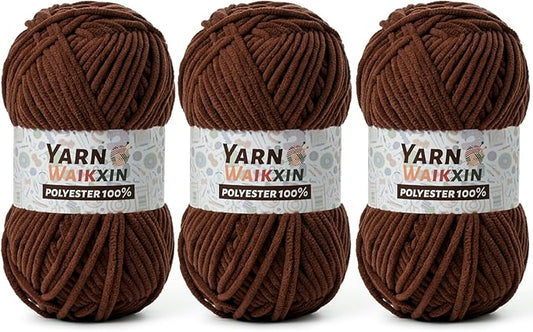 3 Pack Soft Chenille Yarn for Crocheting, Fluffy Chunky Crochet Yarn for Baby Blanket, (5.29oz/196.8yds) Fuzzy Velvet Yarn for Amigurumi&DIY Puzzle、Crafts、Scarf(3 Coffee)