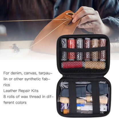 32Pcs Leather Craft Tools Kit, All in One Hand Sewing Kit for DIY Leather Goods Making, Stainless Steel Leather Working Tools with Wax Thread, Needles and Accessories for Beginners