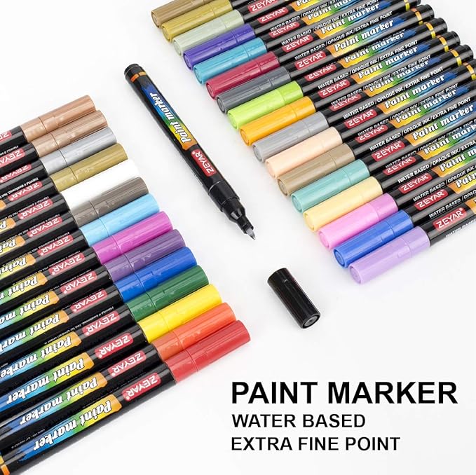 ZEYAR Acrylic Paint Pens, Water based Extra Fine Point, 32 vibrant colors, Opaque Ink, AP Certified, Paint Marker for Glass, Rock, Paper, Ceramic, Plastic and Non porous surfaces