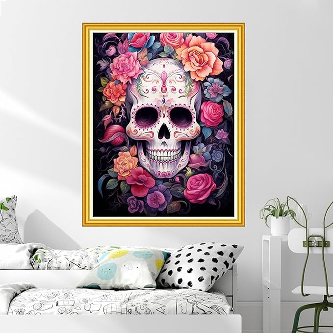 DMCVIVR Stamped Cross Stitch Kits for Beginners Adults Needlepoint Kits for Beginners Embroidery Kits for Adults Crossstitch Kit for Beginners 11CT-Magic Skull 16x20 inch