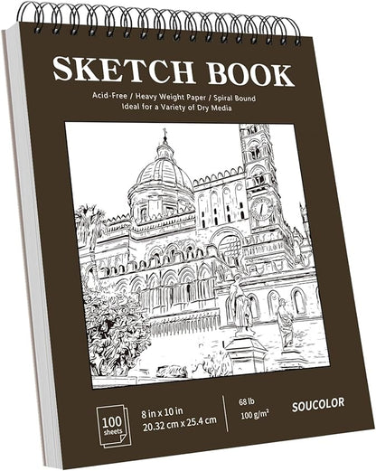 Soucolor 8" x 10" Sketch Book, 100 Sheets 8 x 10 Sketchbook, 68 lb/100gsm 8" x 10" Drawing Paper, Spiral Bound Sketch Pad, Art Paper for Drawing Painting, Art Supplies Gifts