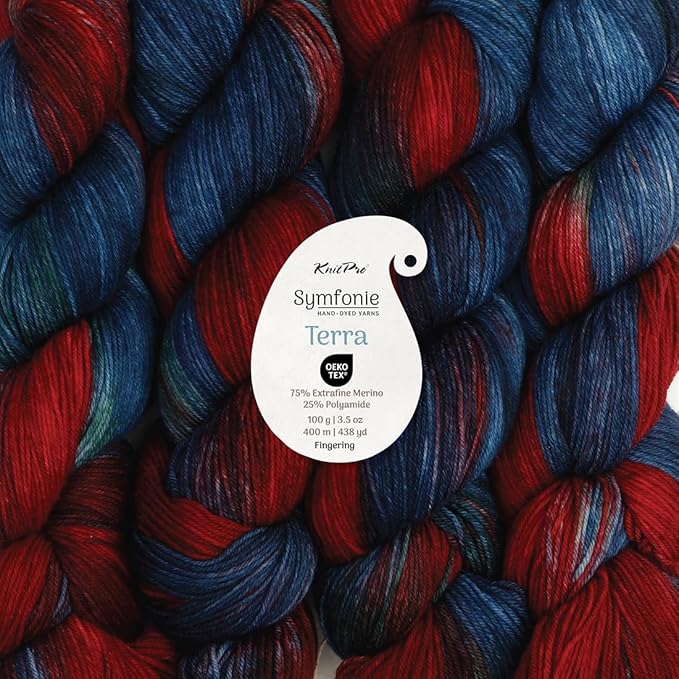 KnitPro Symfonie Hand Dyed Yarn | Extra Fine Merino Wool & Polyamide Blend for Knitting & Crocheting, Fingering Weight, Oeko-TEX Certified 400m, 100g Skein | Terra Variegated Twilight Flame
