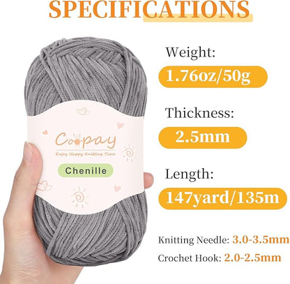 Coopay Skinny Chenille Yarn for Crocheting and Knitting, 12 Pack of 50g/1.76oz - 1764yd Total, Soft Fluffy Crochet Yarn of Baby Weights - Suitable for Baby Blankets, Plush Toys - (Black and Grey)