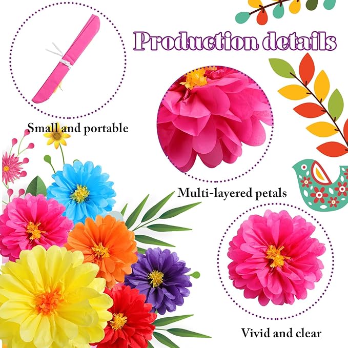 Watersay 36 Pcs 10" 20" Giant Mexican Fiesta Paper Flowers Colorful Tissue Crepe Flowers Pom Poms Craft for Floral Party Backdrop Wedding Birthday Party (Classic Color)