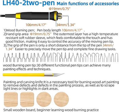 FIRElood Wood Burning Tool, Wood Burner kit Pen 25~750℃, Wood Burning kit with Digital Thermometer Temperature Adjustable Temperature, 2 pyrographic Wood Burning pens, 30 Wood Burning Pen Tips
