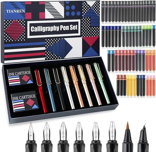 TIANREN Calligraphy Pen set,Fountain Pens with 8 Different Replaceable Nibs with 60 Ink Cartridges(12 Colors),Calligraphy set for Beginner Writing Drawing.