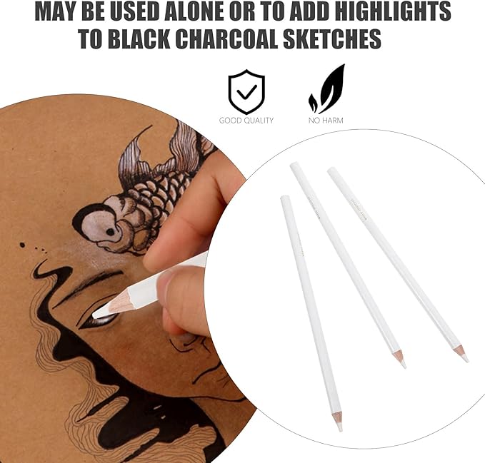 Healvian 3Pcs White Charcoal Pencils for Drawing and Sketching, Professional Art Drawing Highlight Pencils, Wooden Sketching Supplies for Artists and Students
