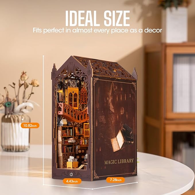 HURUC Book Nook Kit – Library Theme DIY Booknook with LED Lights | Book Nook Kits for Adults, Teens | Beginner-Friendly Nook Book for Home Décor | Perfect Booknook DIY Kit Gift