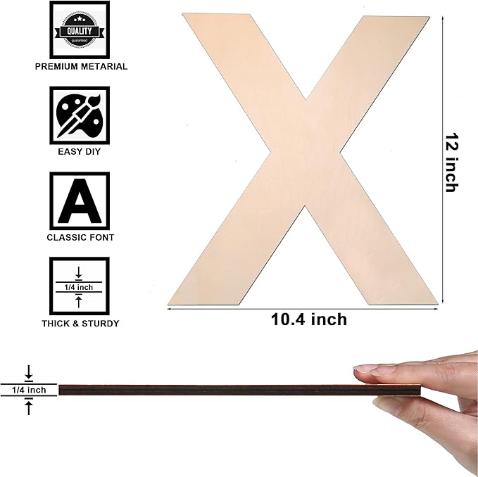 12 Inch Wooden Letter X, 1/4 Inch Thick Large Unfinished Wood Letter for DIY Crafts Home Wall Decor