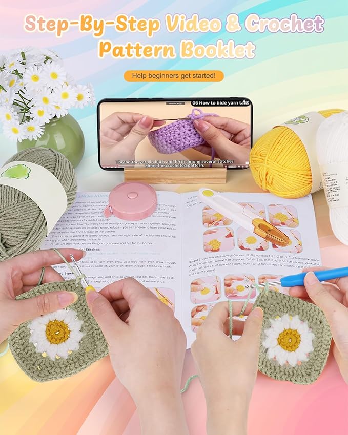 Coopay Crochet Blanket Kit for Beginners, All-in-One Granny Square Blanket Kit with Step-by-Step Video & Enough Yarns - Master Granny Square Crocheting Easily, Ideal Gift for Craft Lovers (Camel)