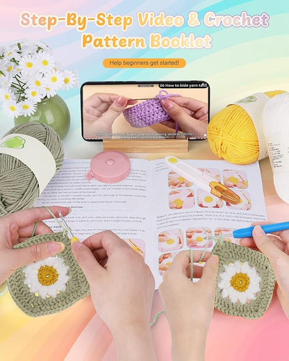 Coopay Crochet Blanket Kit for Beginners, All-in-One Granny Square Blanket Kit with Step-by-Step Video & Enough Yarns - Master Granny Square Crocheting Easily, Ideal Gift for Craft Lovers (Camel)
