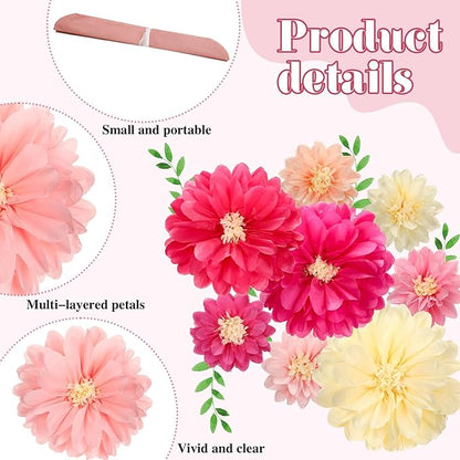Watersay 12 Pcs 10" 20" Giant Mexican Fiesta Paper Flowers Colorful Tissue Crepe Flowers Pom Poms Craft for Floral Party Backdrop Wedding Birthday Party (Pink Color)