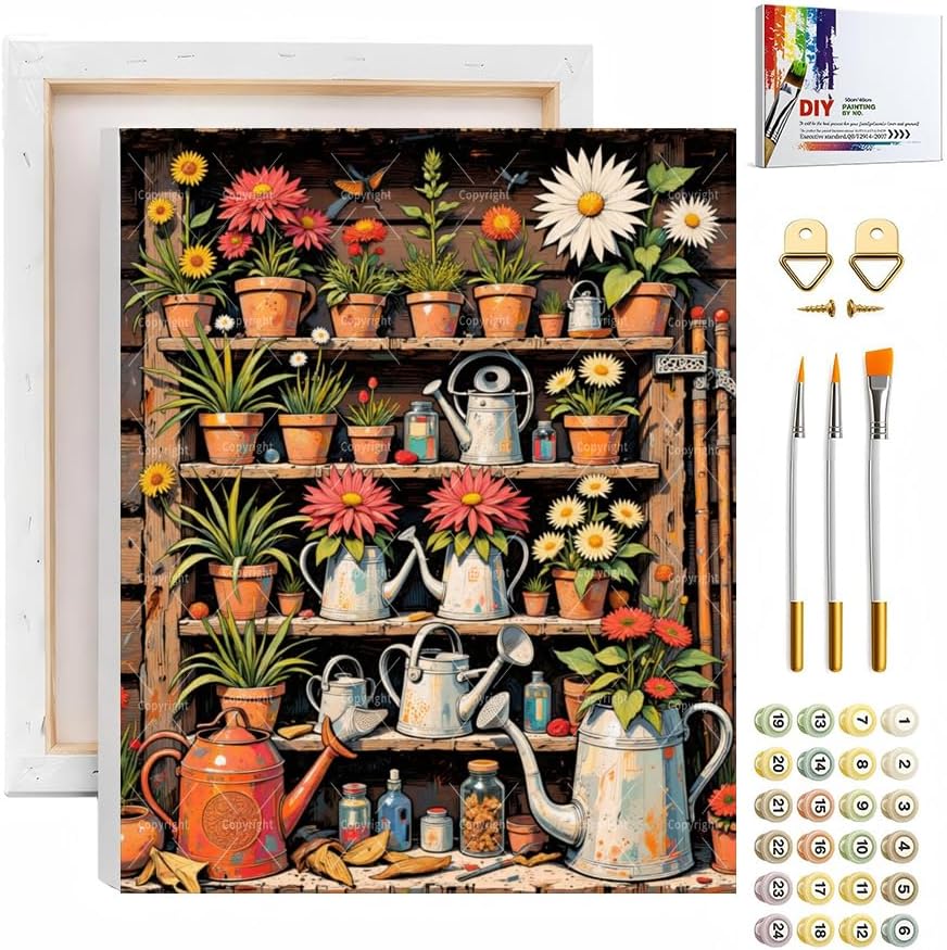 Sceorixa Rustic Flower Shelf Paint by Numbers Kit for Adults – DIY- Garden Pots Painting on Canvas, Acrylic Paint Set, Suitable for Beginners, Art for Home Decoration or Gifts(16X20IN Framed) by Unknown