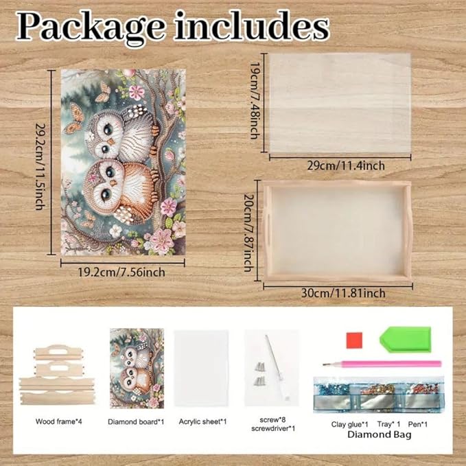 DoxQcs DIY Diamond Art Wooden Food Tray with Handle Diamond Painted Table Decoration Tray for Breakfast Bar Dinner Table Diamonds Art Painting for Beginners-Owl