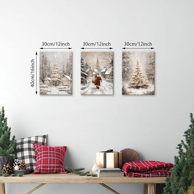 3Pcs Winter Snow Scene Canvas Wall Art for Bedroom, Christmas Pine Trees Landscape Wall Picture Retro Cabin Snowy Canvas Art Prints Painting Country Nature Wall Decor for Living Room Kitchen 12"x16"X3