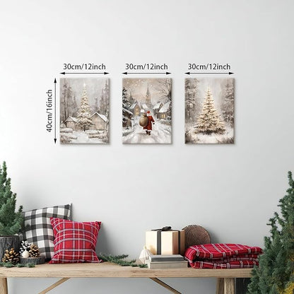 3Pcs Winter Snow Scene Canvas Wall Art for Bedroom, Christmas Pine Trees Landscape Wall Picture Retro Cabin Snowy Canvas Art Prints Painting Country Nature Wall Decor for Living Room Kitchen 12"x16"X3